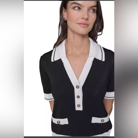 Karl Lagerfeld Women’s Short Sleeve Tipped Polo Sweater Monochrome Knit Collar M - Picture 6 of 9